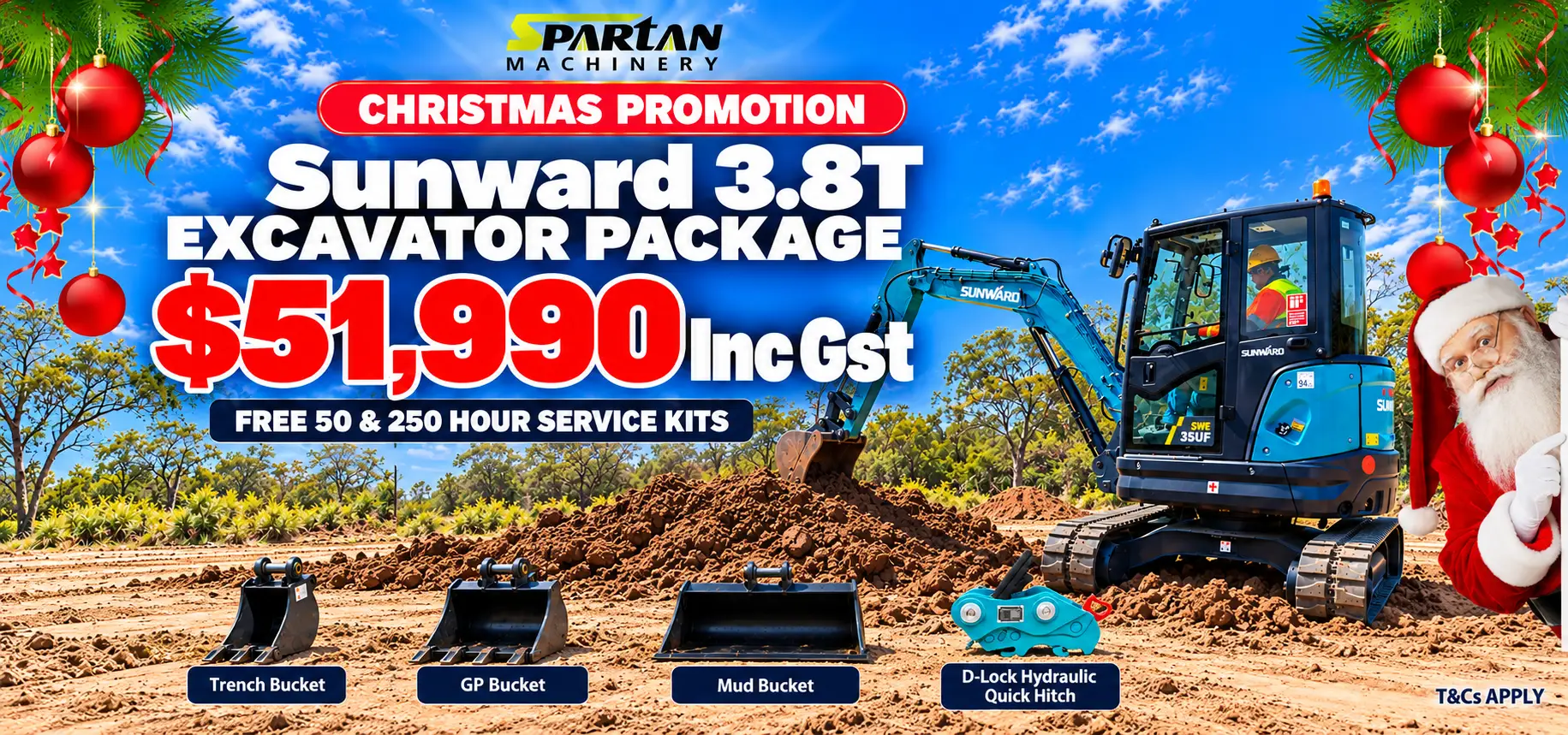 Spartan Machinery Christmas promotion featuring the Sunward 3.8T excavator package for $51,990 including GST, with free service kits.