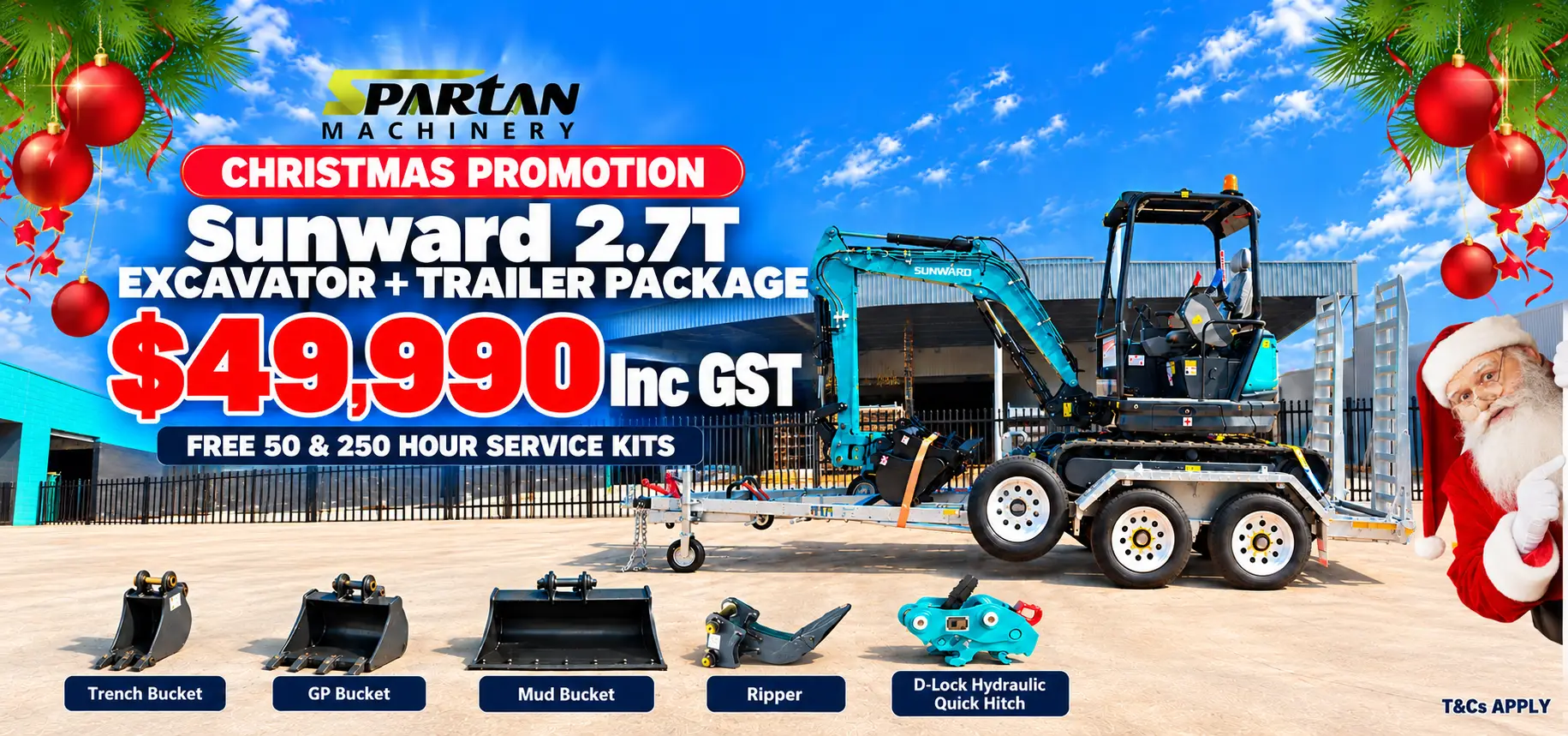 Spartan Machinery Christmas promotion featuring the Sunward 2.7T excavator and trailer package for $49,990 including GST, with free service kits.