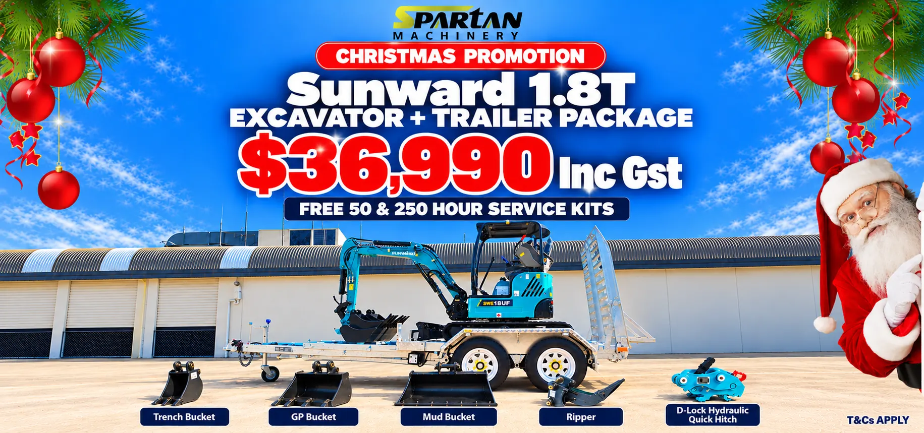 Spartan Machinery Christmas promotion featuring the Sunward 1.8T excavator and trailer package for $36,990 including GST, with free service kits.
