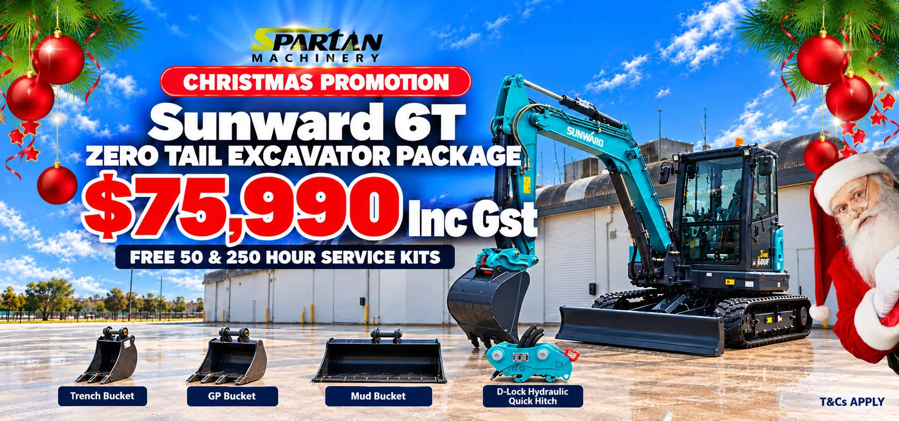 Spartan Machinery Christmas promotion featuring the Sunward 6T zero tail excavator package for $75,990 including GST, with free service kits.