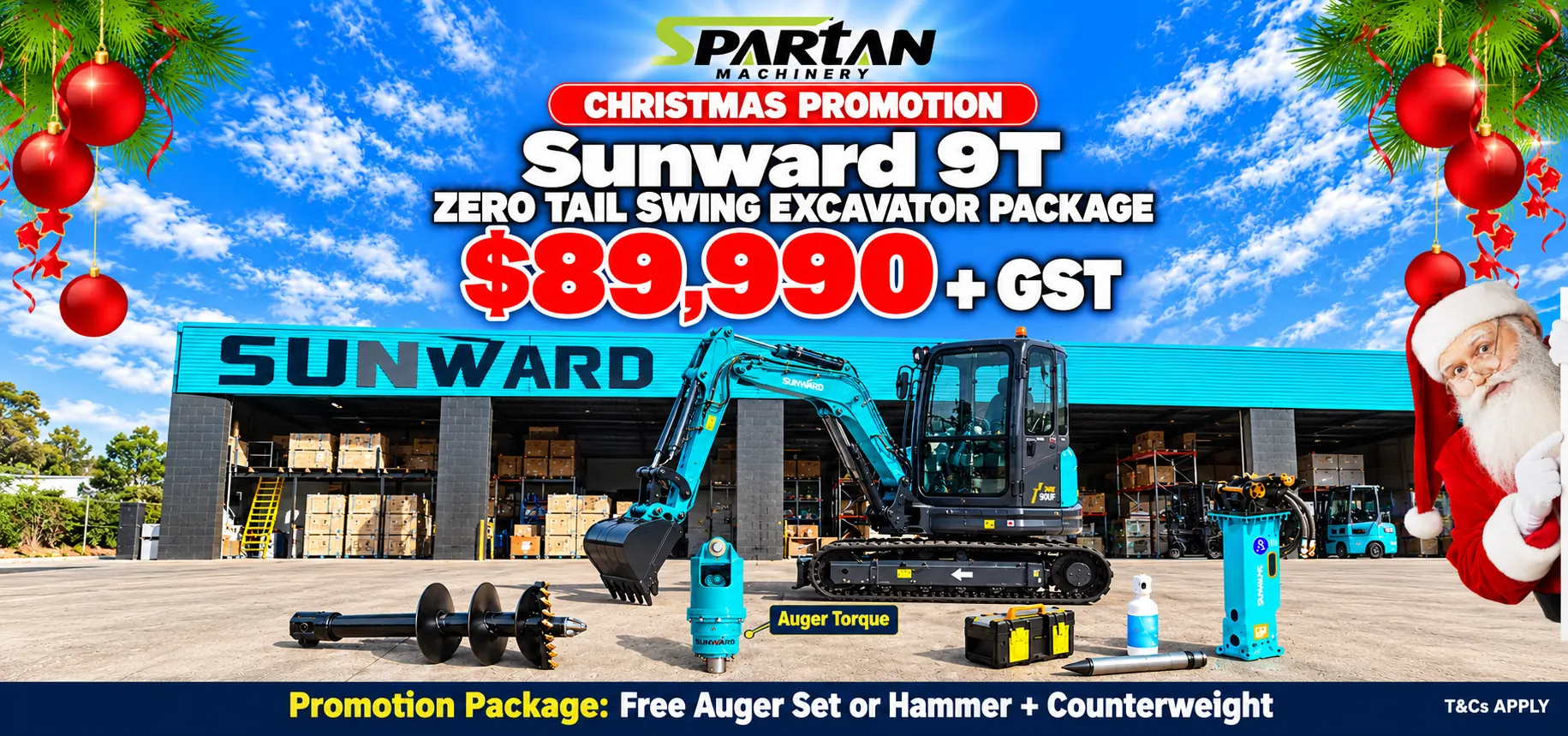 Spartan Machinery Christmas promotion featuring the Sunward 9T zero tail swing excavator package for $89,990 plus GST, with promotional attachments.
