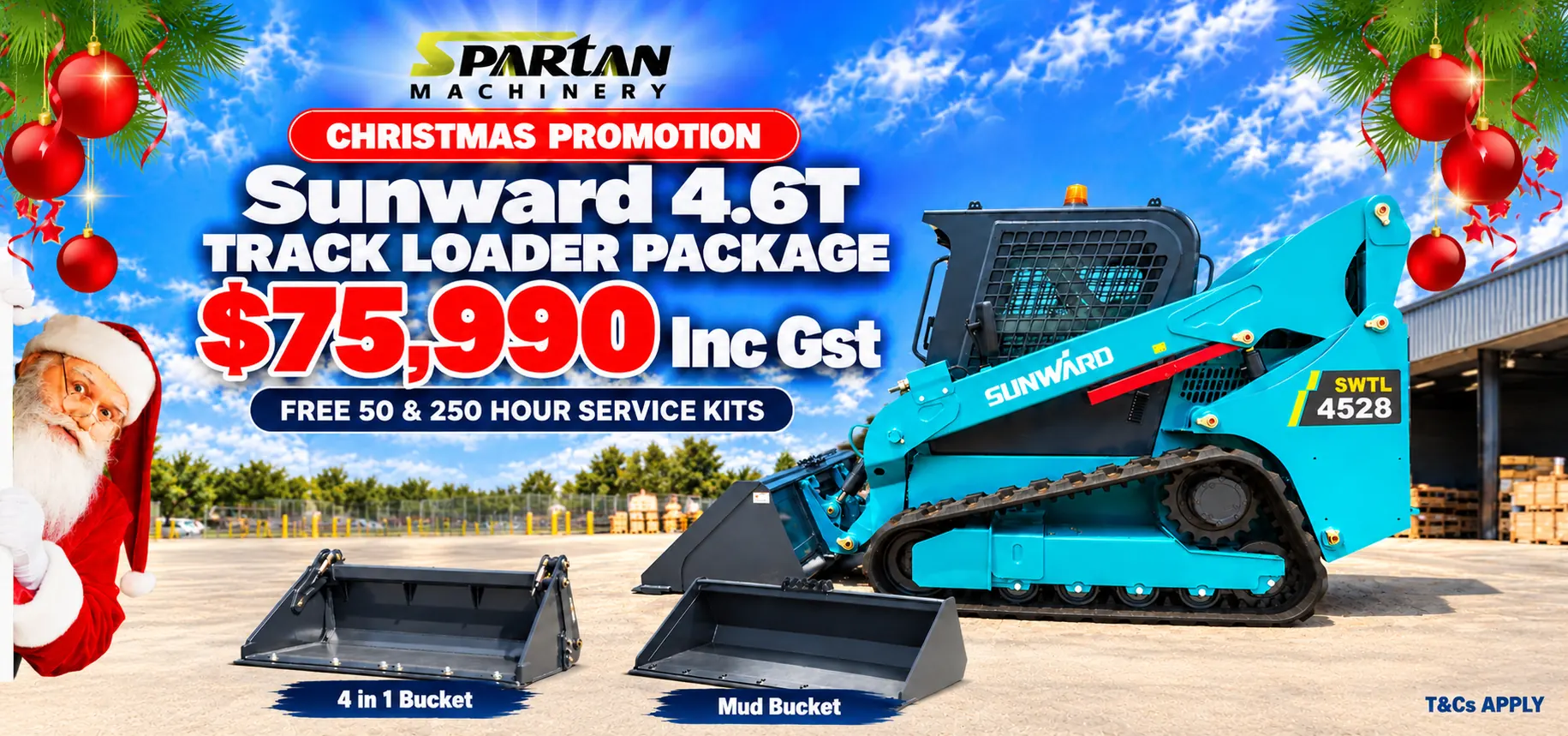 Spartan Machinery Christmas promotion featuring the Sunward 9T zero tail swing excavator package for $89,990 plus GST, with promotional attachments.